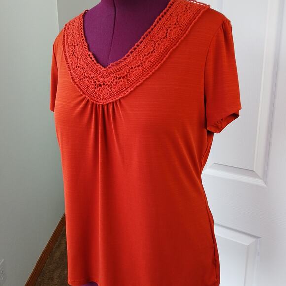 East 5th Lace V-neck Orange Blouse XL y2k business casual short sleeve polyblend - Picture 1 of 13